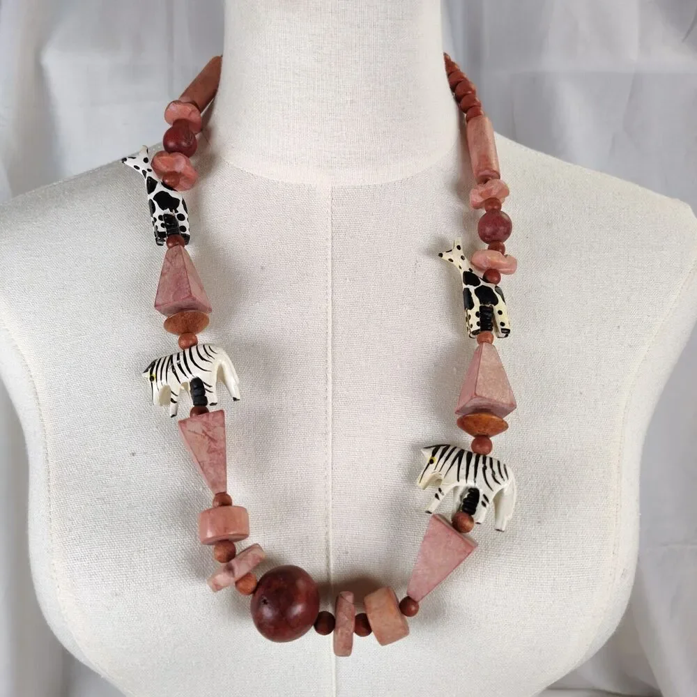 Vintage Carved Wood Chunky Necklace 26in Zebra Giraffe African Safari